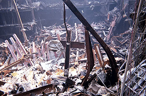 cross over world trade center in rubble